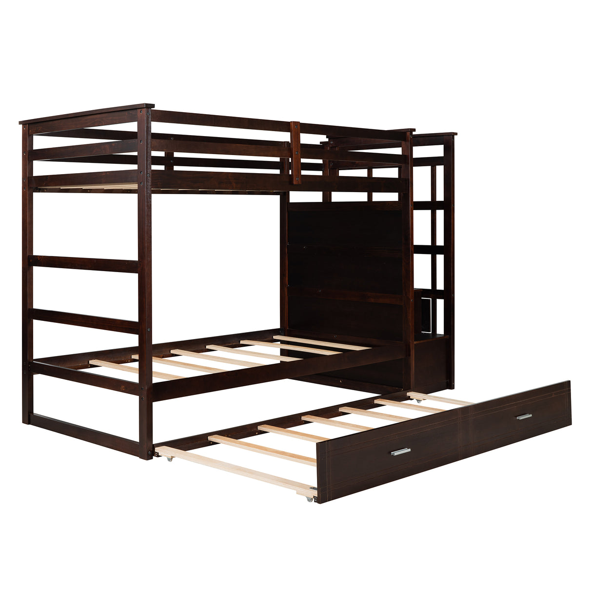 Solid Wood Bunk Bed , Hardwood Twin Over Twin Bunk Bed with Trundle and Staircase, Natural Espresso Finish (OLD SKU: LP000068AAP) - Home Elegance USA