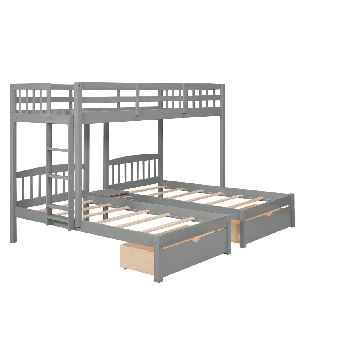 Twin over Twin & Twin Bunk Bed with Two Drawers and Built-in Middle Drawer, Gray - Home Elegance USA