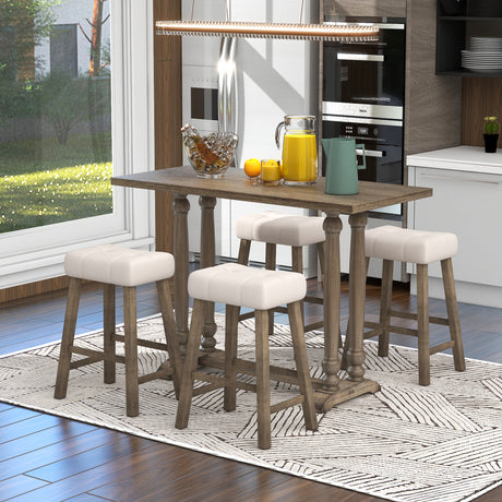TREXM 5-Piece Dining Table Set, Counter Height Dining Furniture with a Rustic Table and 4 Upholstered Stools for Kitchen, Dining Room (Light Brown) - Home Elegance USA