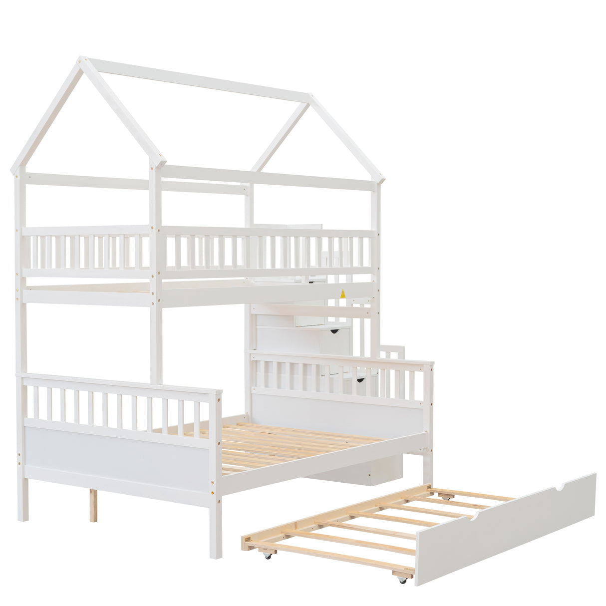 Twin over Full Size House Bunk Bed with Storage Staircase and Trundle,Full-Length Guardrail,White - Home Elegance USA