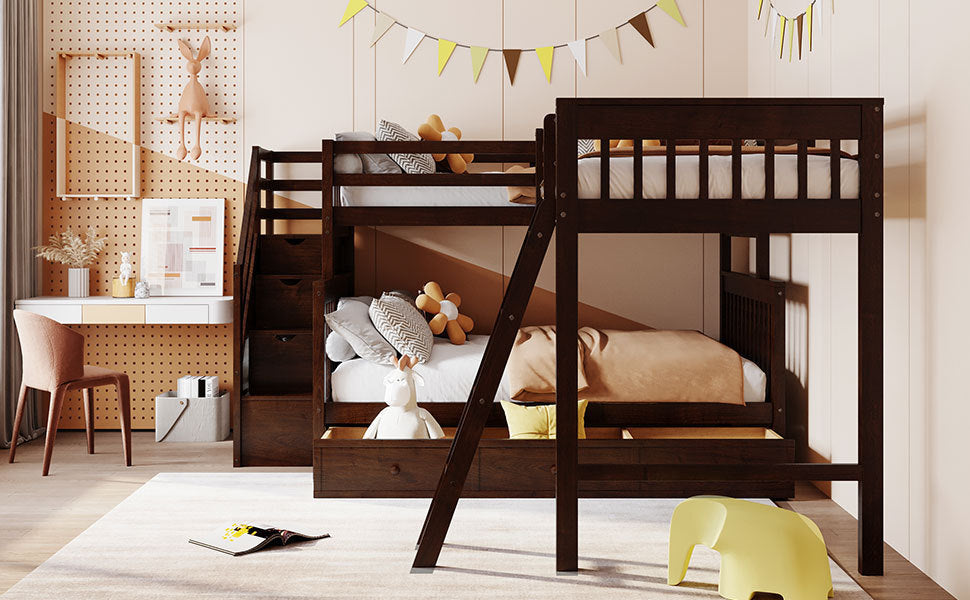 Twin over Full L-Shaped Bunk Bed With 3 Drawers, Ladder and Staircase - Espresso - Home Elegance USA