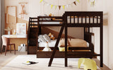 Twin over Full L-Shaped Bunk Bed With 3 Drawers, Ladder and Staircase - Espresso - Home Elegance USA