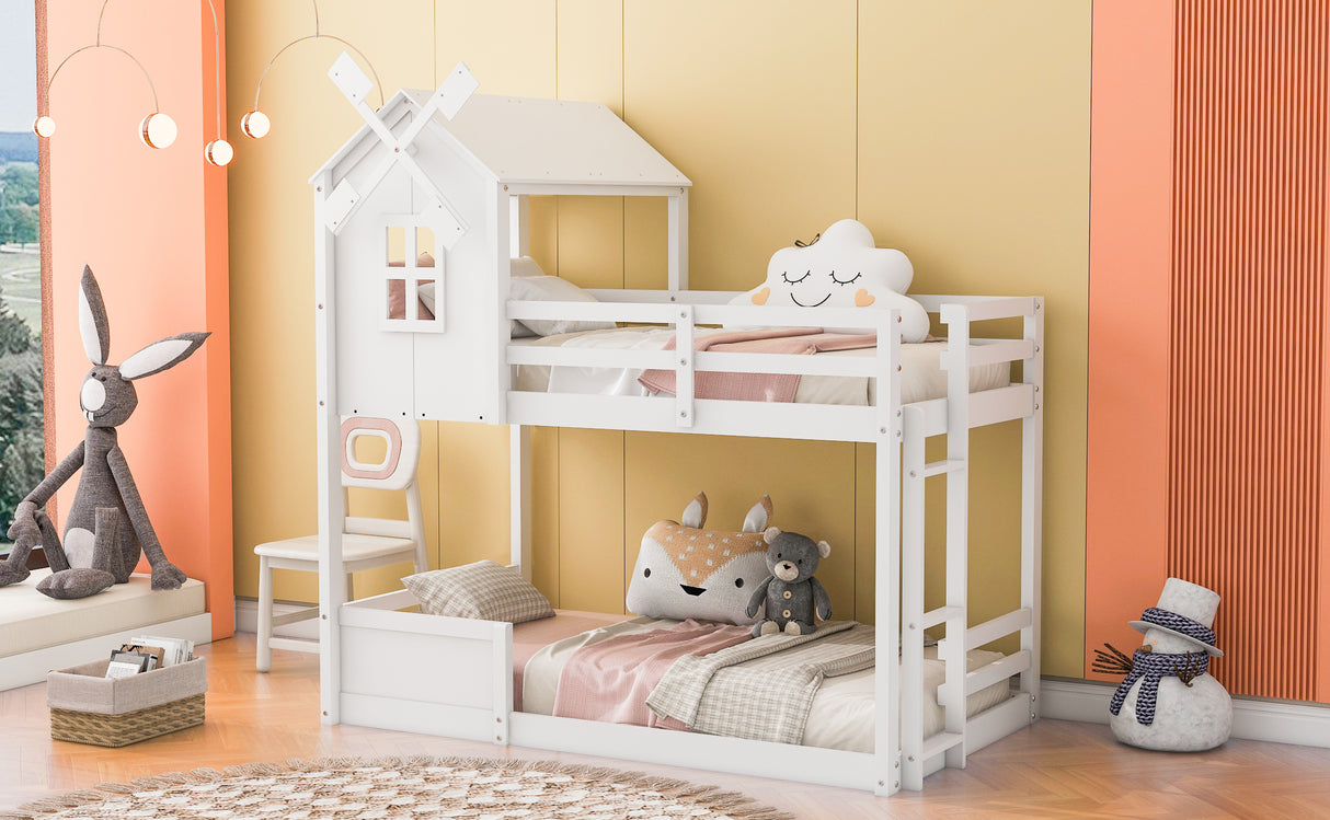 Twin over Twin Bunk Bed with Roof and Window, with Guardrails and Ladder, White - Home Elegance USA