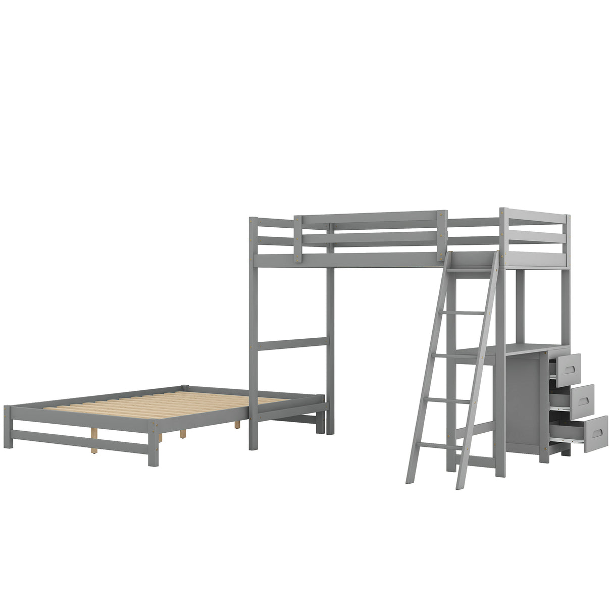 Twin over Full Bunk Bed with Built-in Desk and Three Drawers,Grey - Home Elegance USA