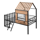 Metal Twin size Loft Bed with Roof, Window, Guardrail, Ladder Black