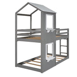 Twin Over Twin Bunk Bed Wood Bed with Roof, Window, Guardrail, Ladder (White) - Home Elegance USA