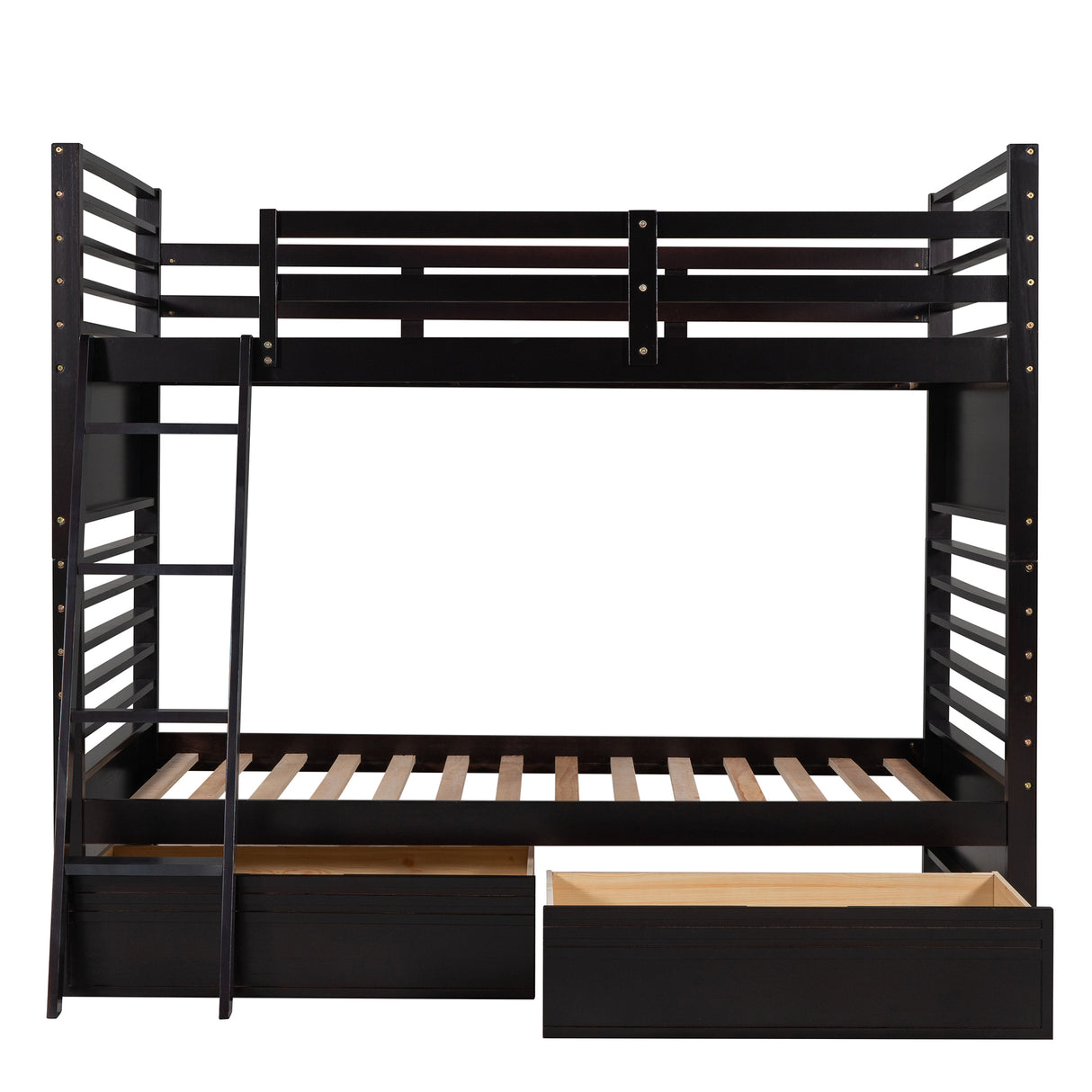 Twin over Twin Wood Bunk Bed with Two Drawers - Espresso· - Home Elegance USA