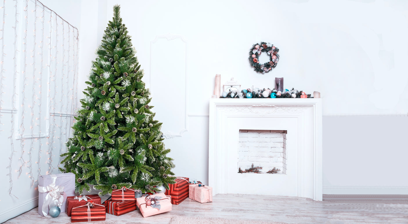 GO 7.4ft Christmas Tree, Decorated with 65 Pine Cones and Realistic over 1300 Thicken Tips, Hinged, with Metal Stand, Easy Assembly, for Indoor and Outdoor Use.