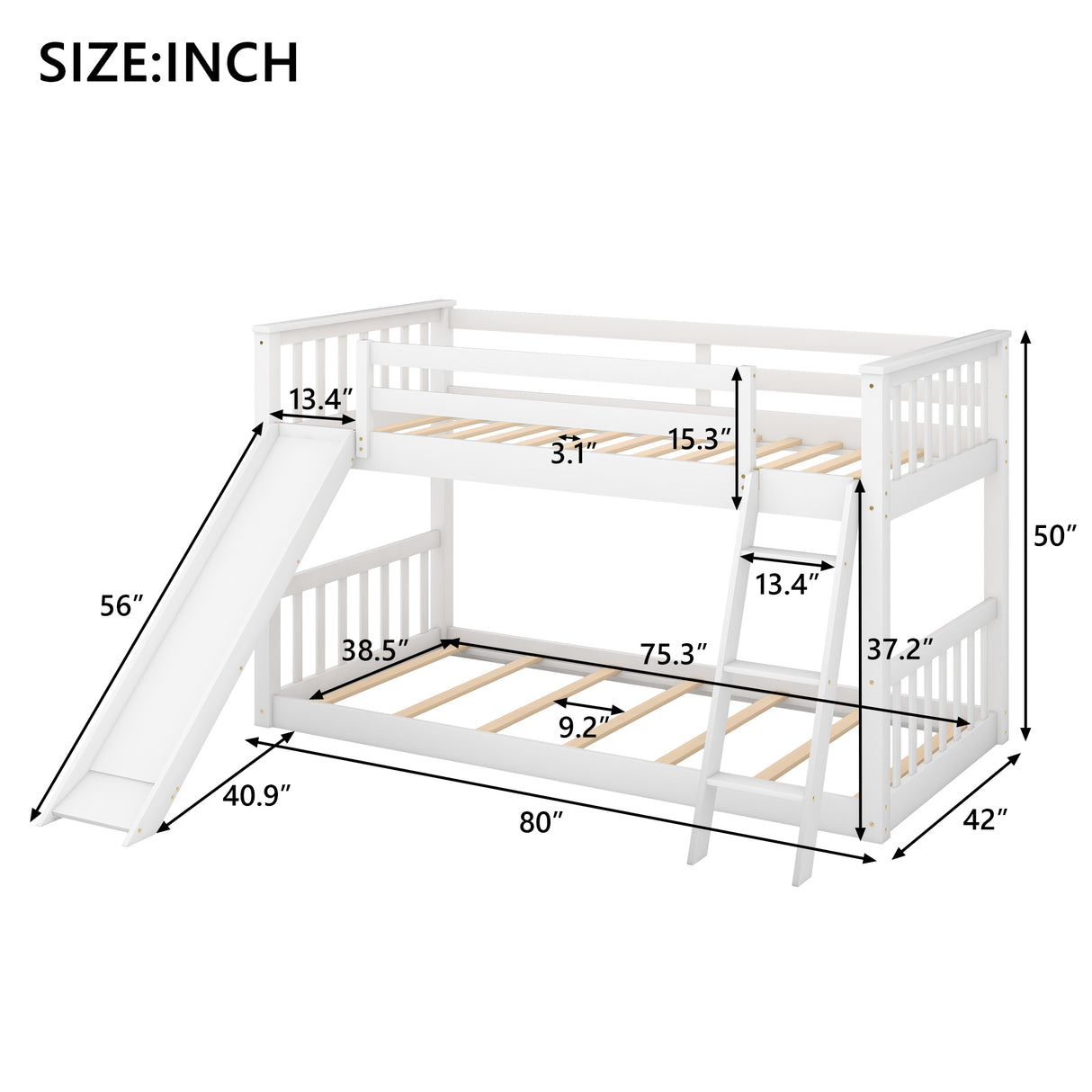 Twin over Twin Bunk Bed with Convertible Slide and Ladder, White - Home Elegance USA