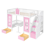 Twin-Over-Twin Bunk Bed with Changeable Table , Bunk Bed  Turn into Upper Bed and Down Desk with 2 Drawers - Pink - Home Elegance USA