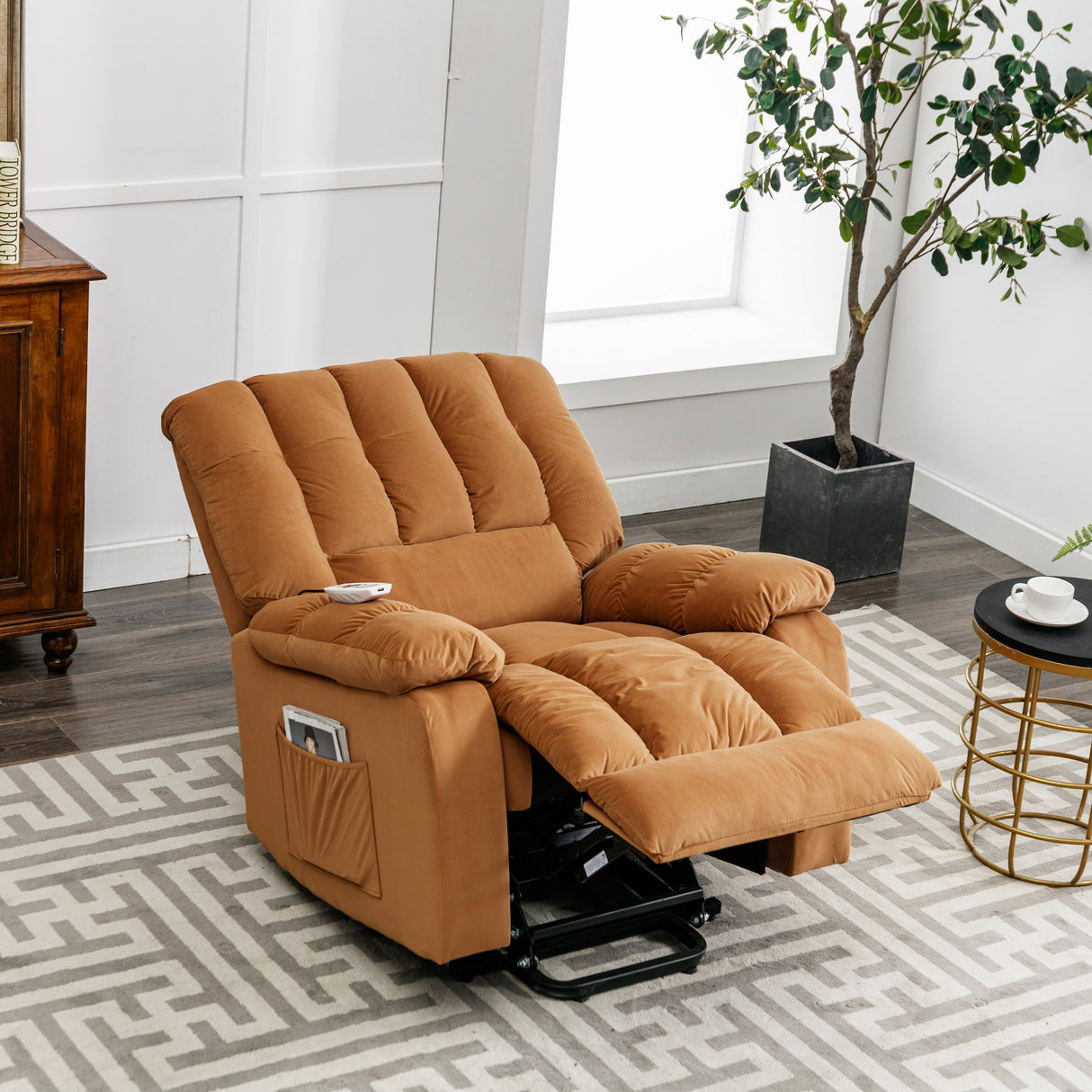 Massage Recliner Chair Electric Power Lift Recliner Chairs with Heat, Vibration, Side Pocket for Living Room, Bedroom, Light Brown Home Elegance USA