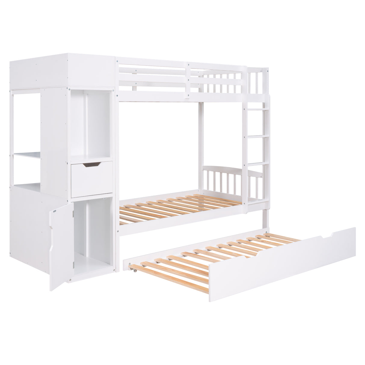 Twin Size Bunk Bed with Trundle and Attached Multifunctional Locker,White - Home Elegance USA