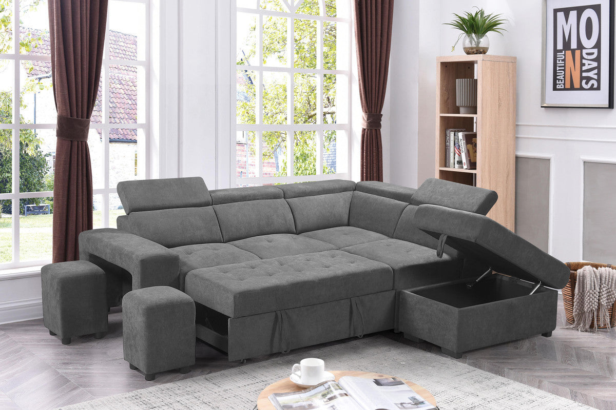 Henrik Light Gray Sleeper Sectional Sofa with Storage Ottoman and 2 Stools - Home Elegance USA