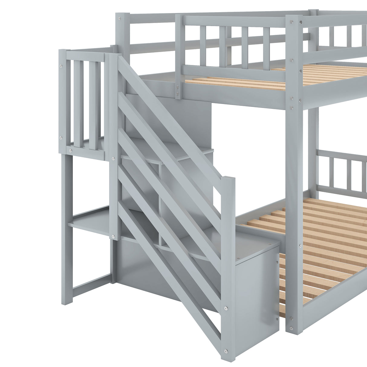 Twin over Twin Floor Bunk Bed, Ladder with Storage, Gray - Home Elegance USA