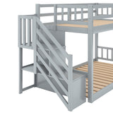 Twin over Twin Floor Bunk Bed, Ladder with Storage, Gray - Home Elegance USA