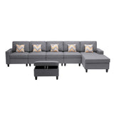 Nolan Gray Linen Fabric 6Pc Reversible Sectional Sofa Chaise with Interchangeable Legs, Pillows and Storage Ottoman - Home Elegance USA