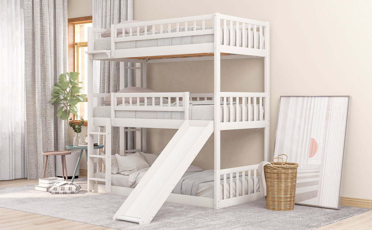 Twin-Over-Twin-Over-Twin Triple Bed with Built-in Ladder and Slide, Triple Bunk Bed with Guardrails, White(OLD SKU: LP000051AAK) - Home Elegance USA