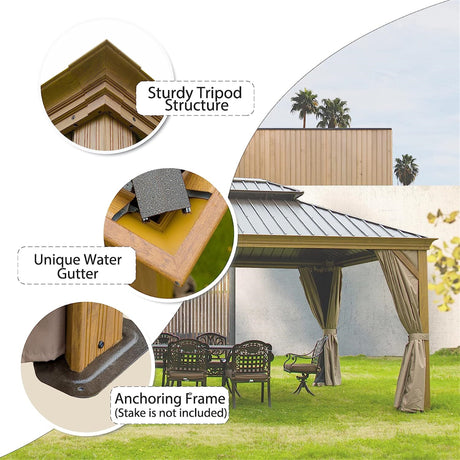 12'x14' Hardtop Gazebo with cedar frame, steel roof, and netting for outdoor use in patios and lawns.