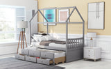 Twin size Wooden House Bed with Trundle and 3 Storage Drawers-Gray - Home Elegance USA