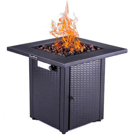 28in Outdoor Propane Fire Pit Table, 50,000BTU, Outside Gas Dinning Fire Table with Lid, Rattan & Wicker-Look, Lava Stone, ETL Certification, with Adjustable Flame Apply to Garden Patio Backyard