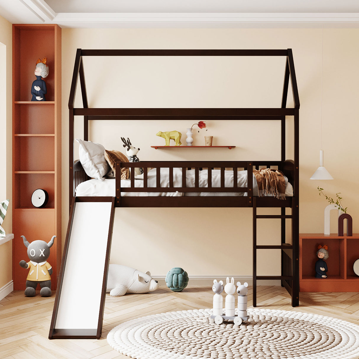 Twin Loft Bed with Slide, House Bed with Slide,Espresso(OLD SKU :LT000212AAP) - Home Elegance USA