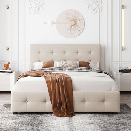 Upholstered Platform Bed with Classic Headboard and 4 Drawers, No Box Spring Needed, Linen Fabric, Queen Size Beige(OLD SKU :LP000114AAA)