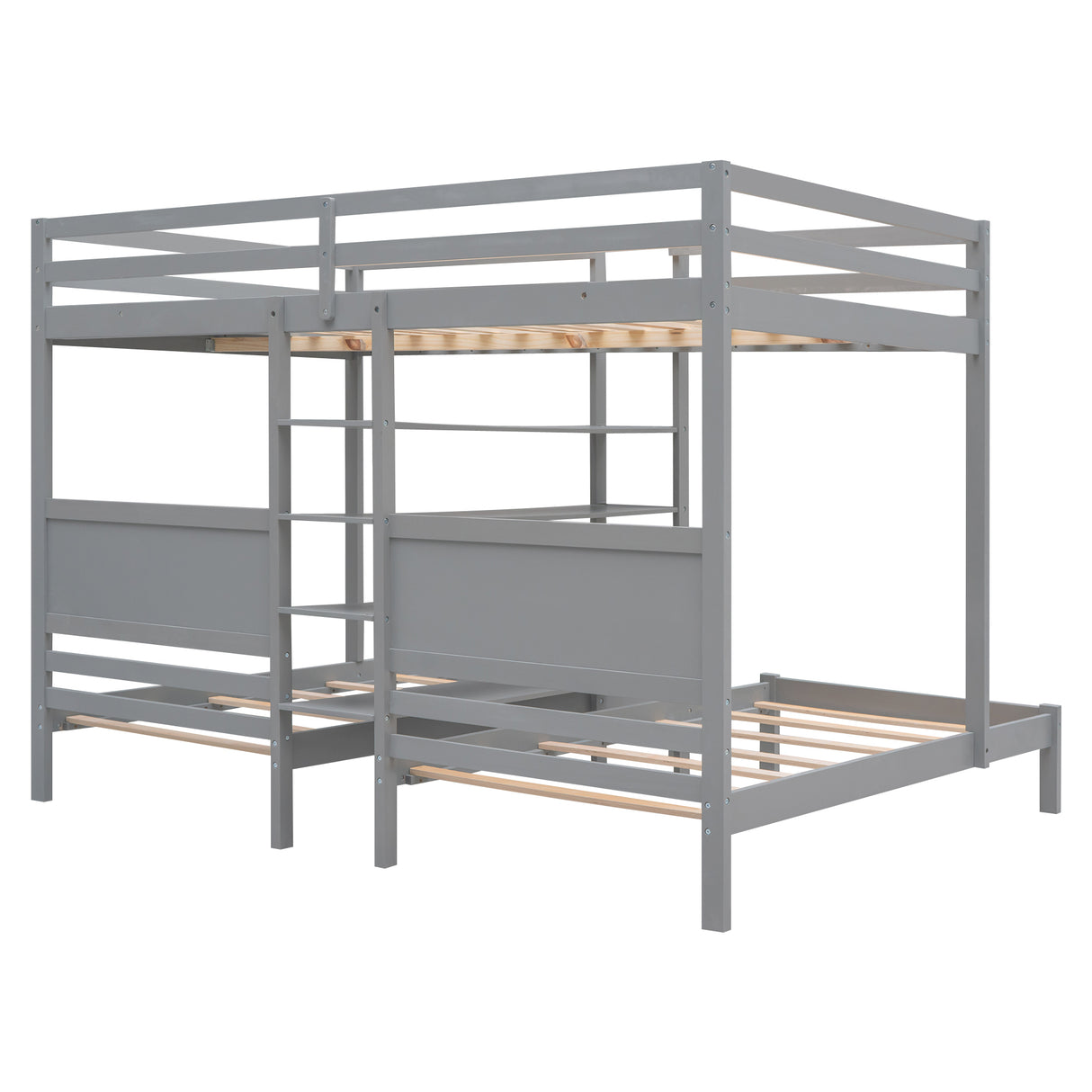 Full XL over Twin&Twin Bunk Bed with Built-in Four Shelves and Ladder,Gray - Home Elegance USA