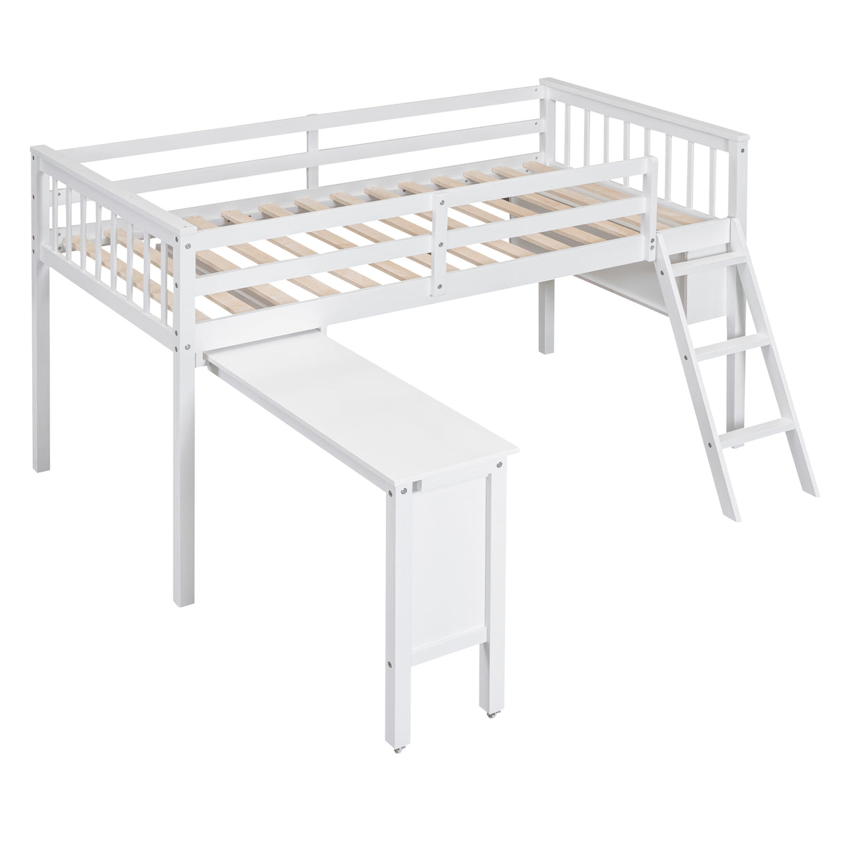 Twin Size Loft Bed With Removable Desk and Cabinet, White - Home Elegance USA