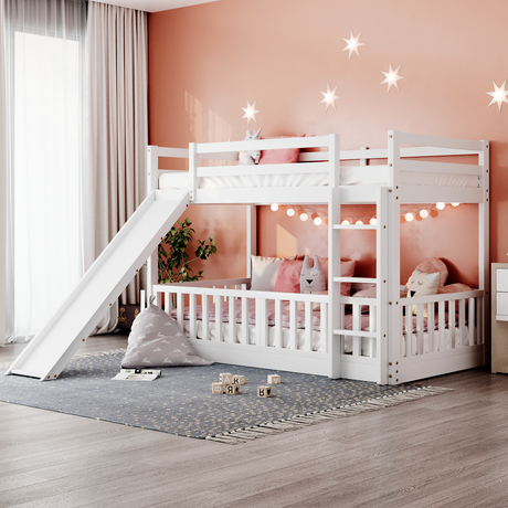 Twin Over Twin Bunk Bed with Slide and Ladder, White（Old SKU:LP000009AAK） - Home Elegance USA