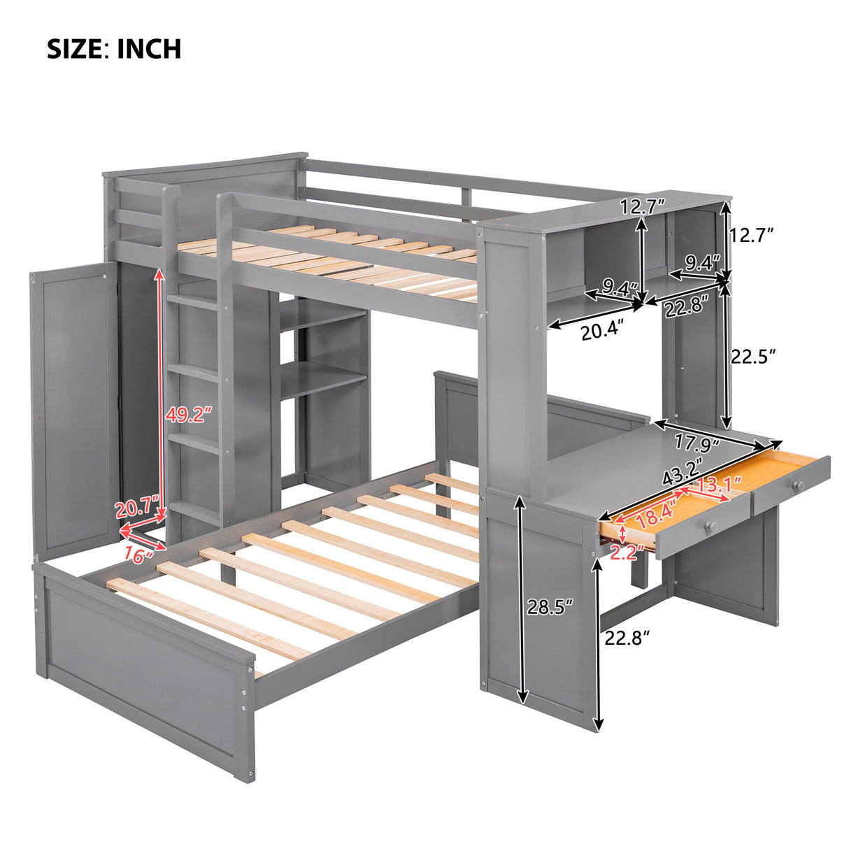 Twin size Loft Bed with a Stand-alone bed, Shelves,Desk,and Wardrobe-Gray - Home Elegance USA