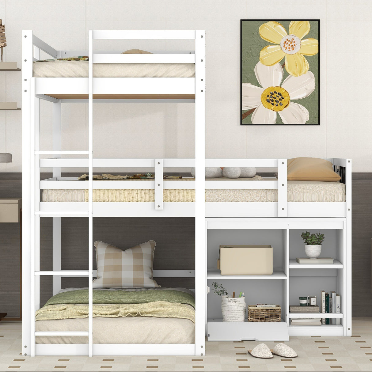 L-shaped Wood Triple Twin Size Bunk Bed with Storage Cabinet and Blackboard, Ladder, White - Home Elegance USA