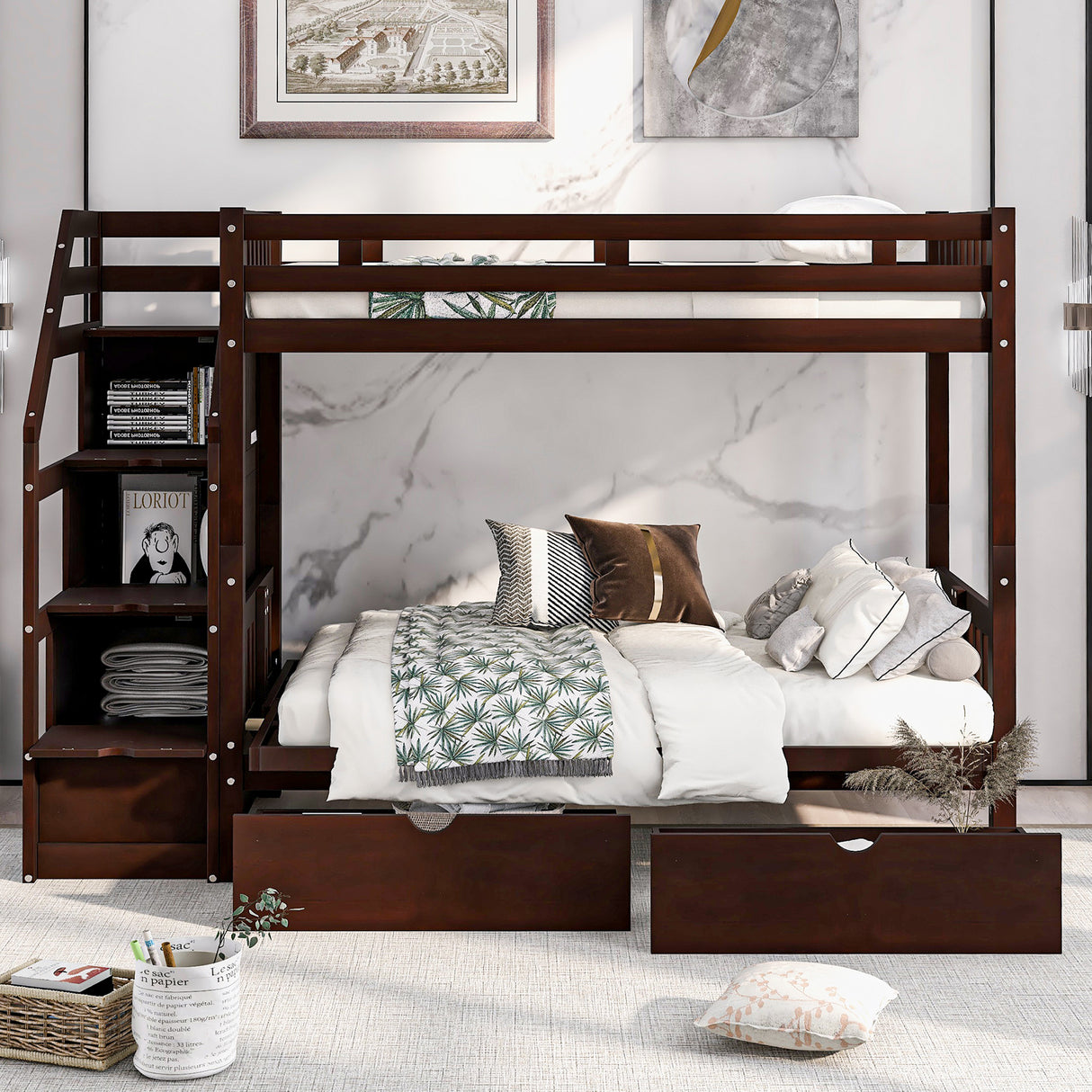 Twin over Full Bunk Bed with Two Drawers and Staircase, Down Bed can be Converted into Daybed,Espresso - Home Elegance USA