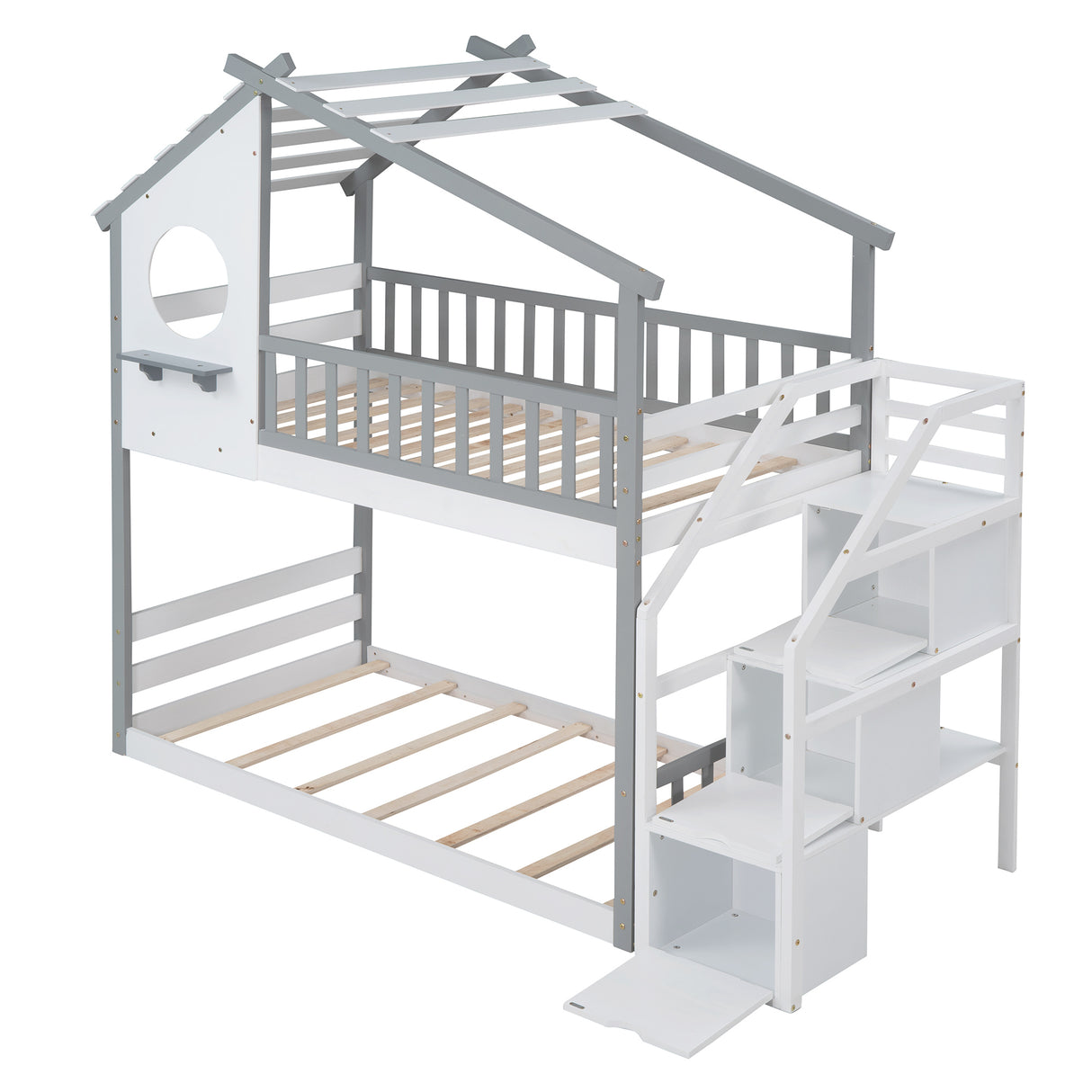 Stairway Twin-Over-Twin Bunk Bed,House Bed,Storage and Guard Rail,Gray Bed +White Stair - Home Elegance USA