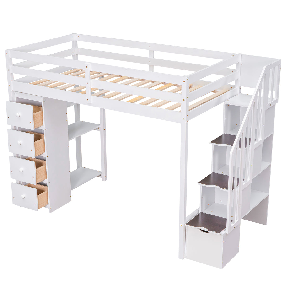 Twin size Loft Bed with Storage Drawers and Stairs, Wooden Loft Bed with Shelves - White - Home Elegance USA