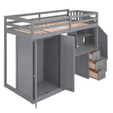 Twin Size Loft Bed with Wardrobe and Staircase, Desk and Storage Drawers and Cabinet in 1,Gray - Home Elegance USA