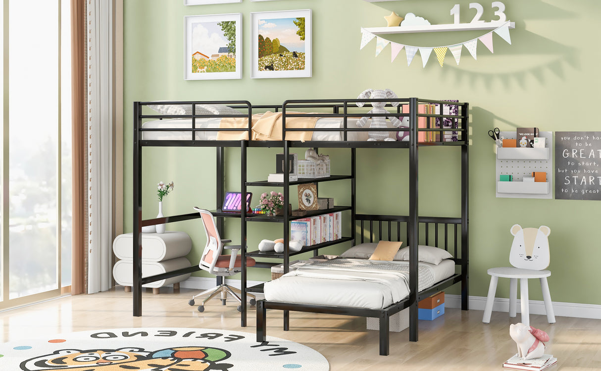 Full Over Twin Metal Bunk Bed with Built-in Desk, Shelves and Ladder, Black