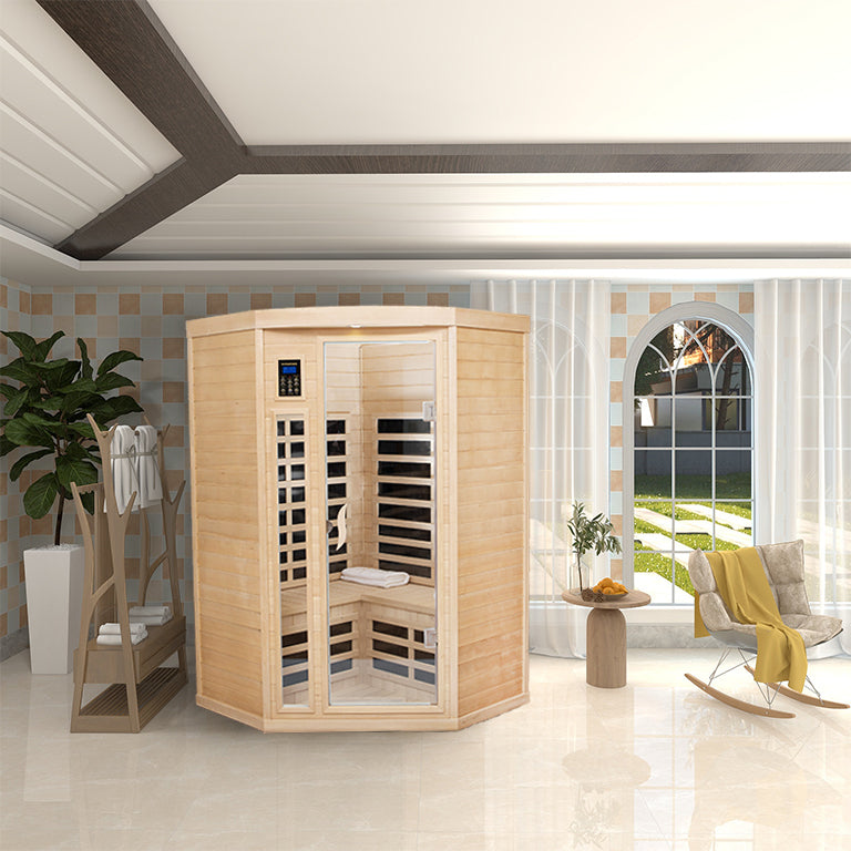 Pentagonal  Canadian hemlock sauna room.Far Infrared Sauna 7 Low EMF Heaters, Wooden Sauna Room 1600 Watt, Chromotherapy, Bluetooth Speaker, LCD, LED.Celsius can be converted to Fahrenheit.