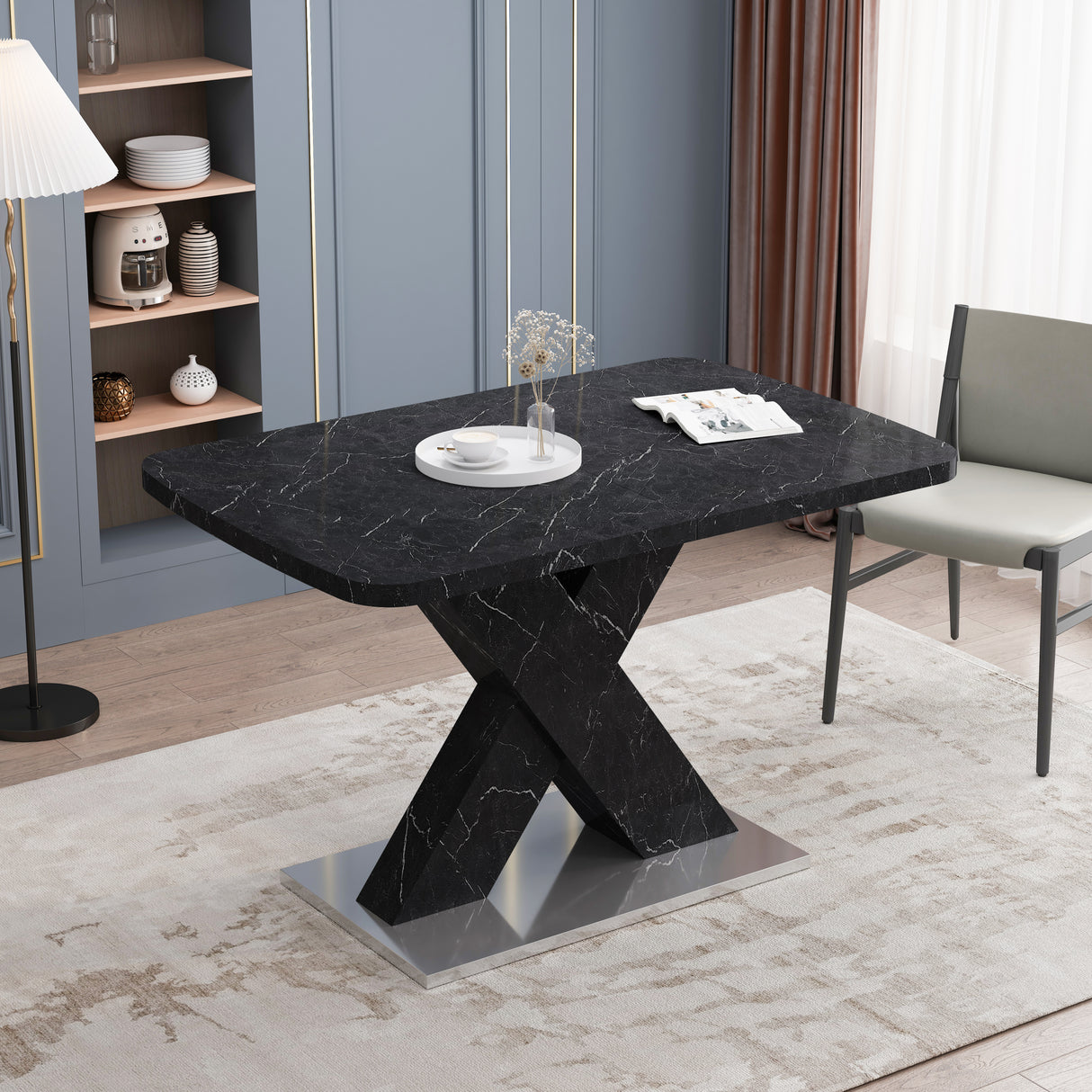 Modern Square Dining Table,Stretchable,Printed Black Marble Table Top+MDF X-Shape Table Leg with Metal Base - Home Elegance USA