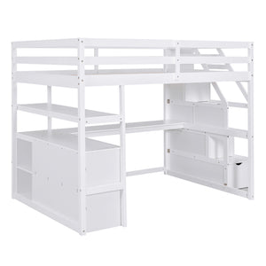 Full Size Loft Bed with Desk and Shelves, Two Built-in Drawers, Storage Staircase, White