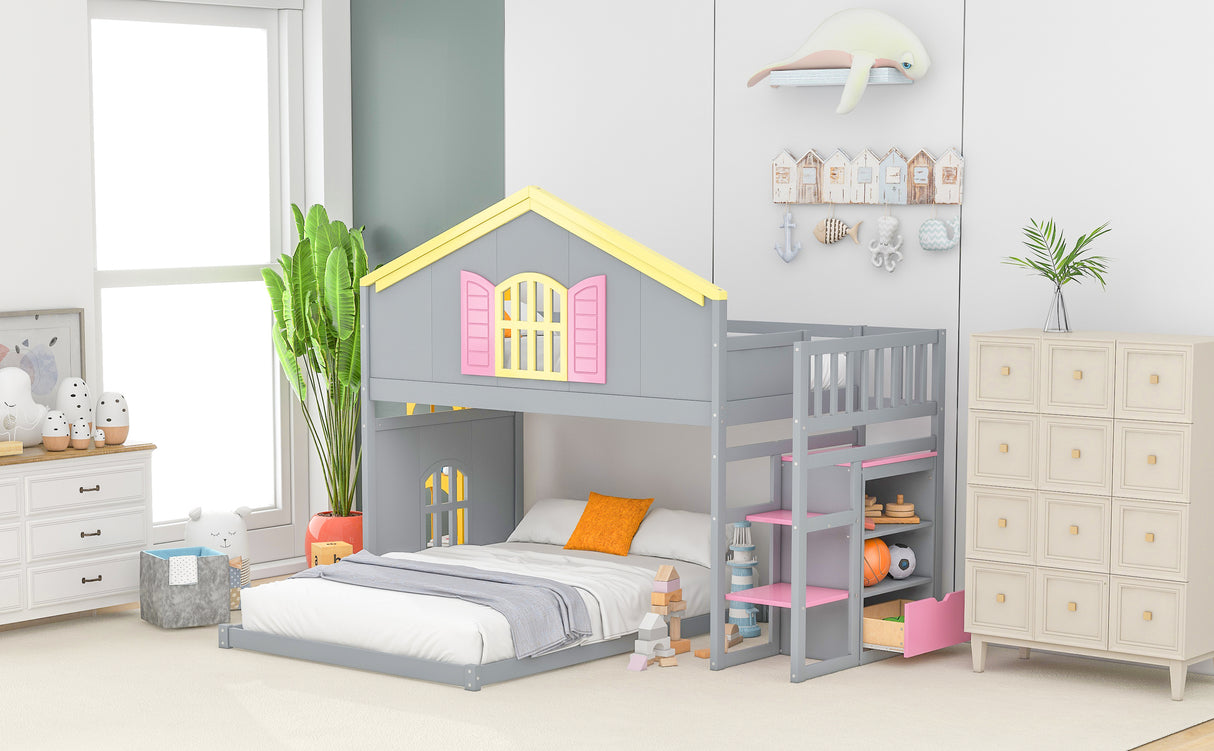 Twin over Full House Bunk Bed with Pink Staircase and Drawer,  Shelves Under the Staircase, House Shaped Bed with Windows, Gray - Home Elegance USA