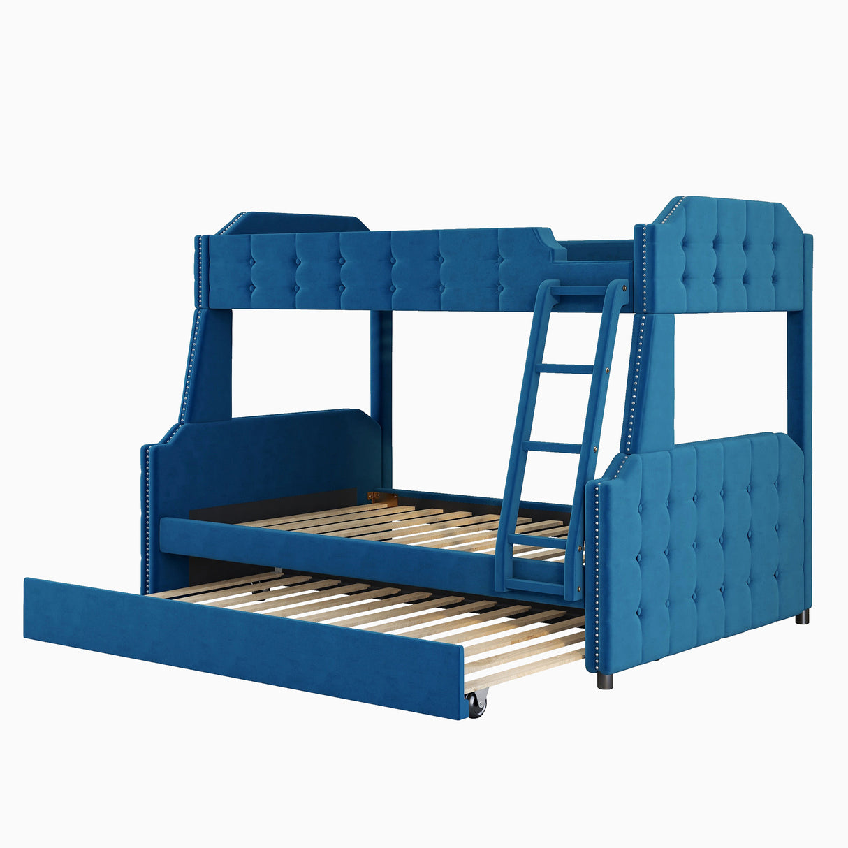 Twin over Full Upholstered Bunk Bed with Trundle and Ladder,Tufted Button Design,Blue - Home Elegance USA