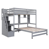 Twin over Full Bunk Bed with Storage Staircase, Desk, Shelves and Hanger for Clothes, Gray - Home Elegance USA