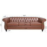 84.65"BROWN PU Rolled Arm Chesterfield Three Seater Sofa. | Home Elegance USA