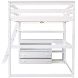 Full Size Loft Bed with Desk and Shelves,Two Built-in Drawers,White - Home Elegance USA