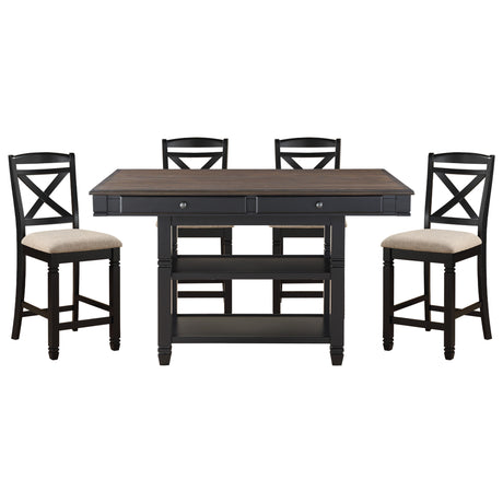 Transitional Style Counter Height Dining Set 5pc Table w Display Shelves Drawers and 4x Counter Height Chairs Black Finish Funiture - Home Elegance USA