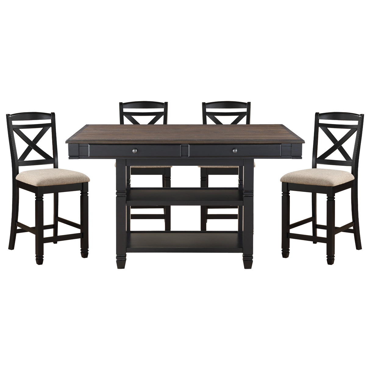 Transitional Style Counter Height Dining Set 5pc Table w Display Shelves Drawers and 4x Counter Height Chairs Black Finish Funiture - Home Elegance USA