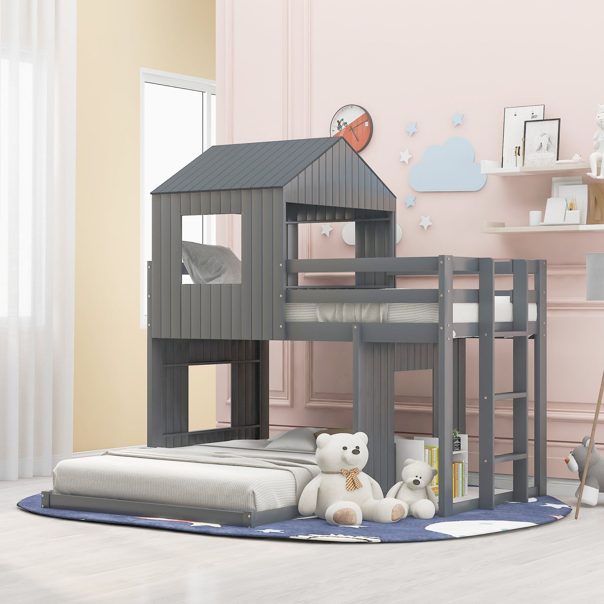 Wooden Twin Over Full Bunk Bed, Loft Bed with Playhouse, Farmhouse, Ladder and Guardrails , Gray( old sku: LP000027AAN ) - Home Elegance USA
