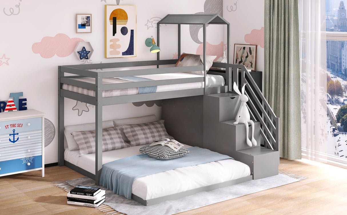 Twin over Full House Roof Bunk Bed with Staircase and Shelves, Gray - Home Elegance USA