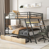 Full Size Metal Bunk Bed with Built-in Desk, Light and 2 Drawers, Black(Expected Arrival Time: 9.18)