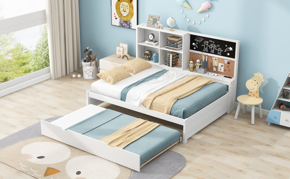 Full Size Daybed with Storage Shelves, Blackboard, Cork board, USB Ports and Twin Size Trundle, White(Expected Arrival Time: 8.2) - Home Elegance USA